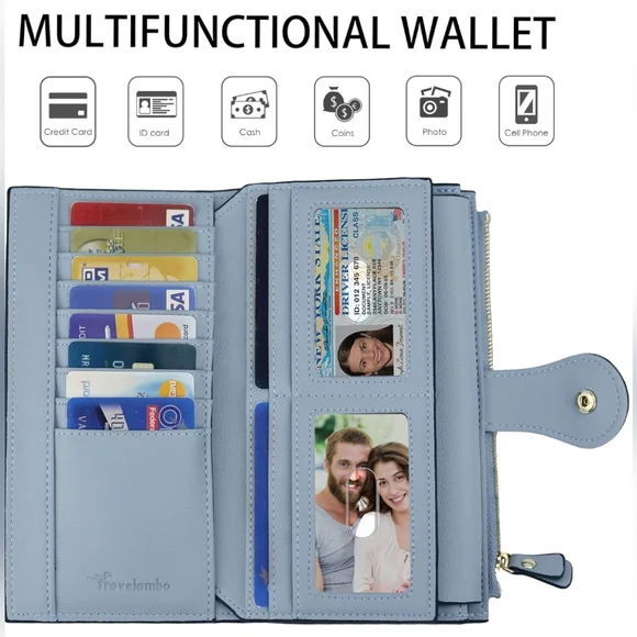 Leather. Stylish Blue Wallet with Gold Accent. Large capacity - Picture 3 of 8